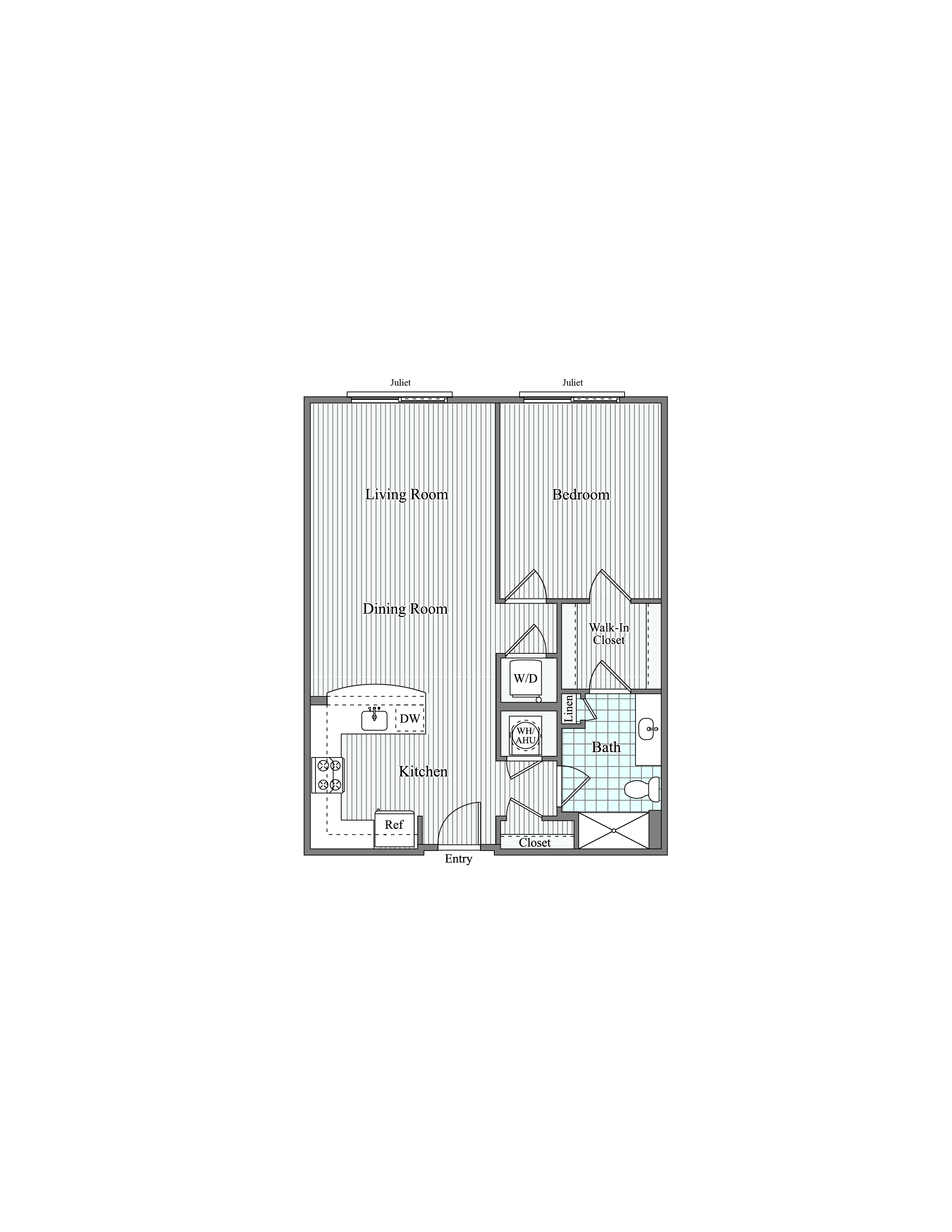 Floor plan for 1 bed, 1 bath, 821 sqft